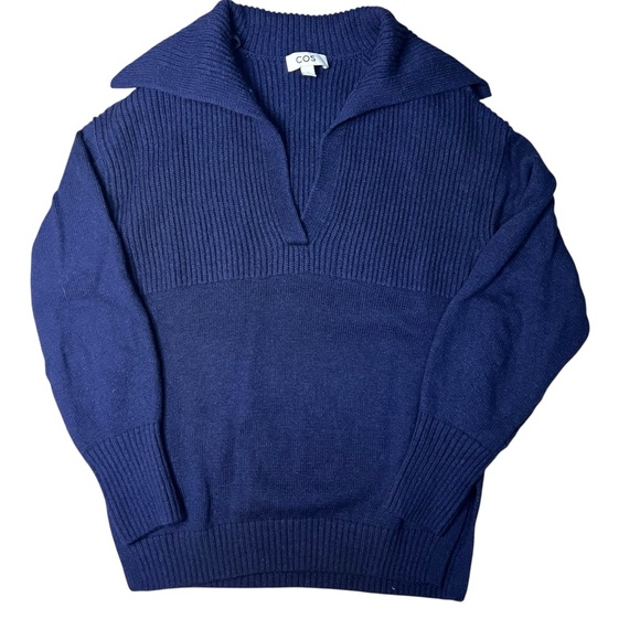 COS 100% Wool Ribbed Sailor Collar Knit Sweater Navy V Neck Women’s XS - Picture 2 of 10